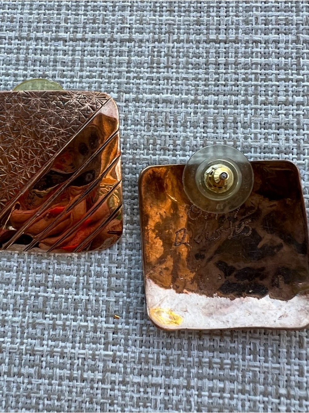 Handcrafted In 1989 Signed By The Artist Square Art Deco Copper Pierced Earrings - Picture 4 of 6